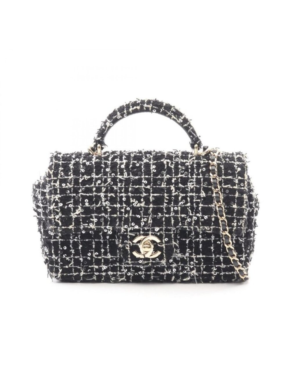Chanel Shoulder Bag Quilted Top Handle Mini Flap Black White Fabric